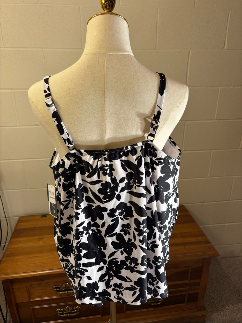 Black & White Floral Halter Tank Bathing Suit Top - Picture 2 of 8